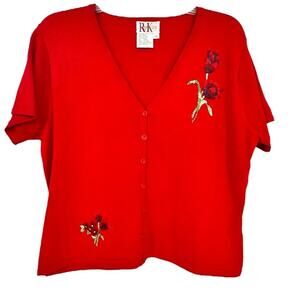 R&K Original Petite Red Embroidered Rose Short Sleeve Cardigan Size 12P